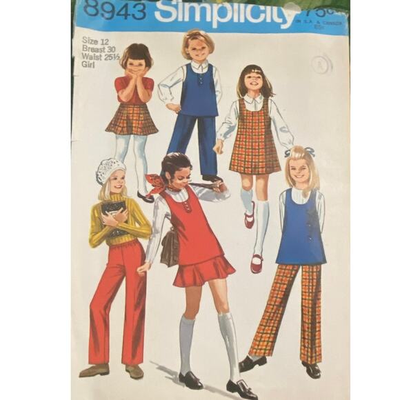 Vtg Simplicity 8943 Jumper Tunic Skirt Pant Pattern 12 Girl 1970 Child Pockets - Picture 2 of 6